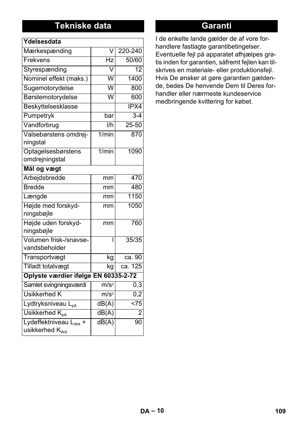 Tekniske data, Garanti | Karcher BR 47-35 ESC EU User Manual | Page 109 / 276