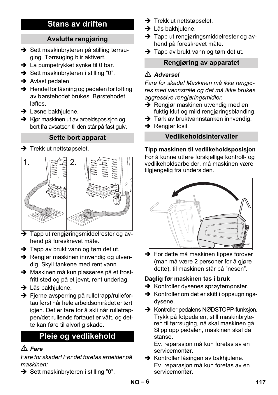 Stans av driften, Pleie og vedlikehold | Karcher BR 47-35 ESC EU User Manual | Page 117 / 276