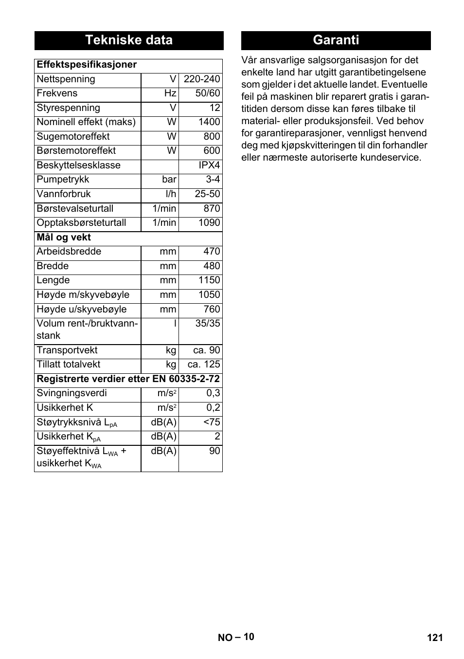 Tekniske data, Garanti | Karcher BR 47-35 ESC EU User Manual | Page 121 / 276