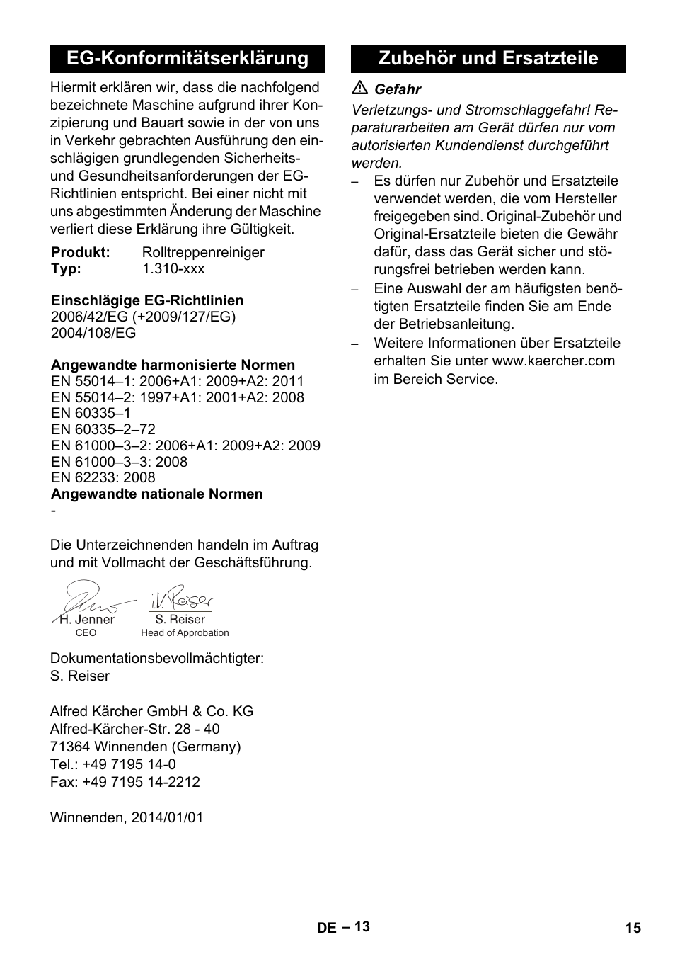 Eg-konformitätserklärung, Zubehör und ersatzteile | Karcher BR 47-35 ESC EU User Manual | Page 15 / 276