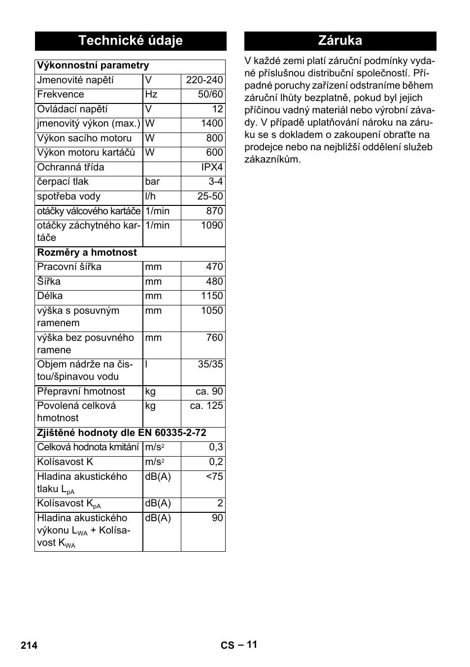 Technické údaje, Záruka | Karcher BR 47-35 ESC EU User Manual | Page 214 / 276