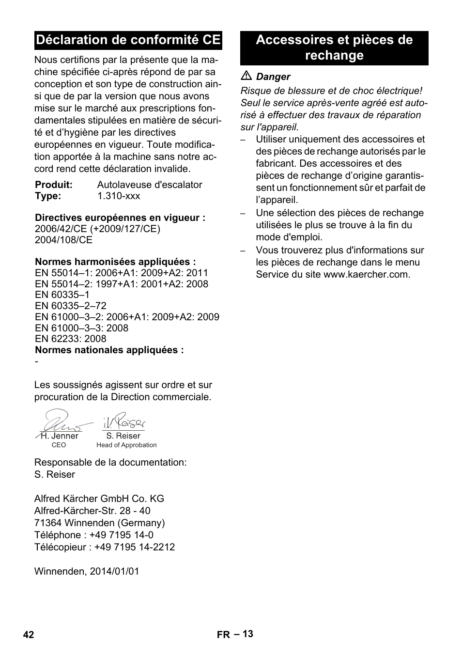 Déclaration de conformité ce, Accessoires et pièces de rechange | Karcher BR 47-35 ESC EU User Manual | Page 42 / 276