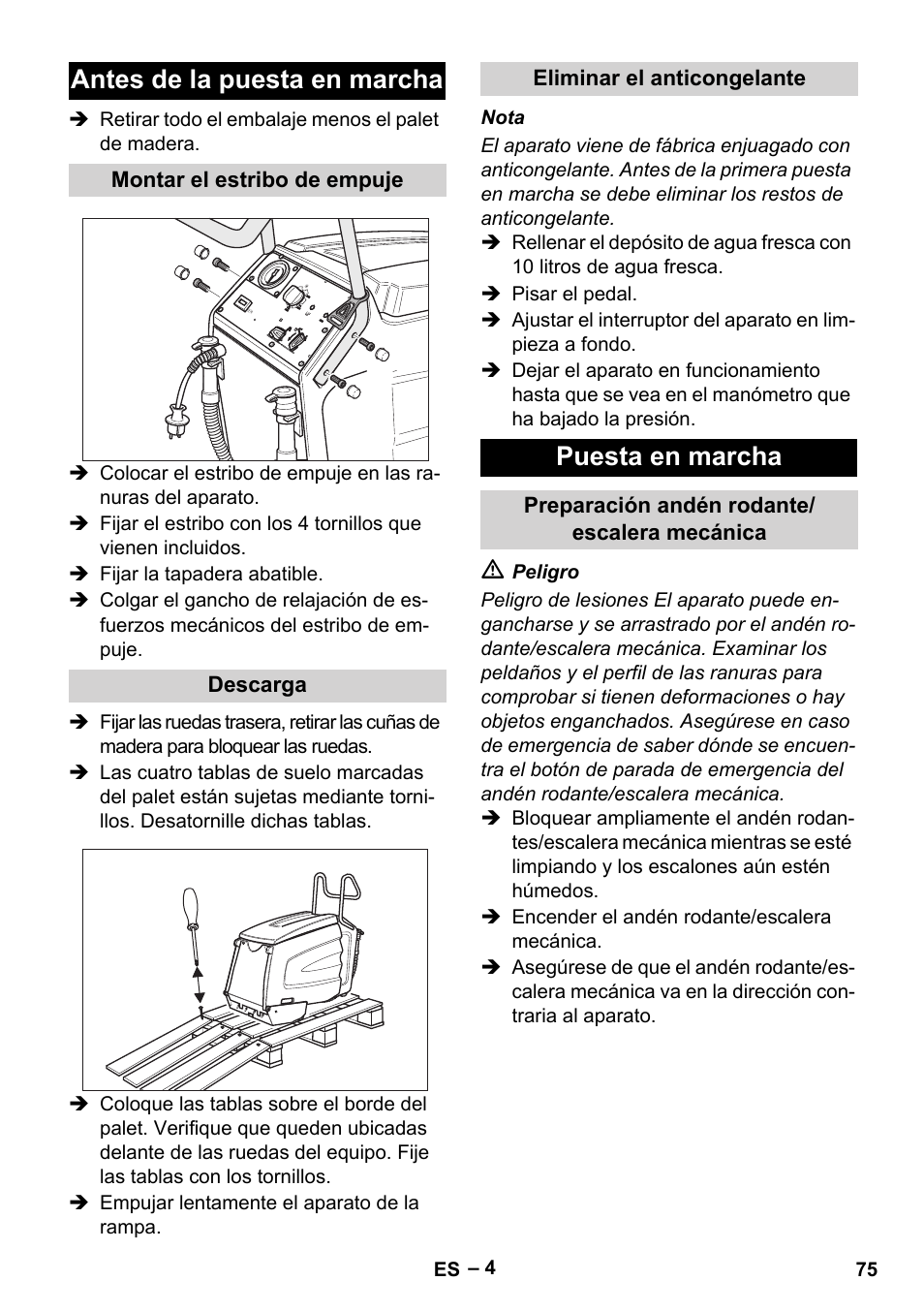 Antes de la puesta en marcha, Puesta en marcha | Karcher BR 47-35 ESC EU User Manual | Page 75 / 276