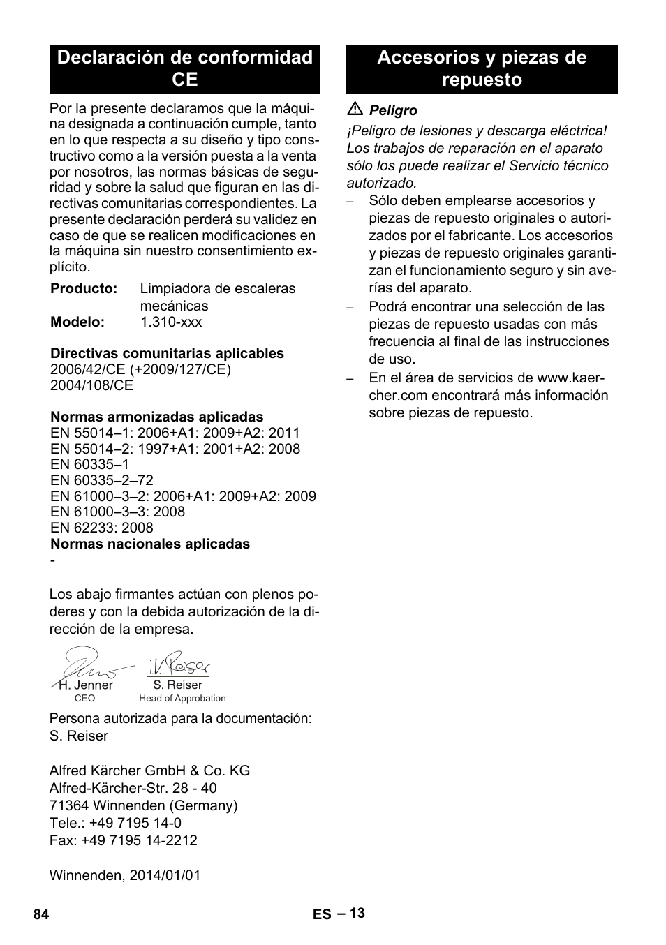 Declaración de conformidad ce, Accesorios y piezas de repuesto | Karcher BR 47-35 ESC EU User Manual | Page 84 / 276