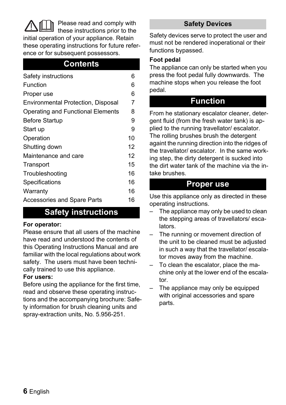 Contents safety instructions, Function proper use | Karcher BR 47-35 ESC EU User Manual | Page 6 / 56