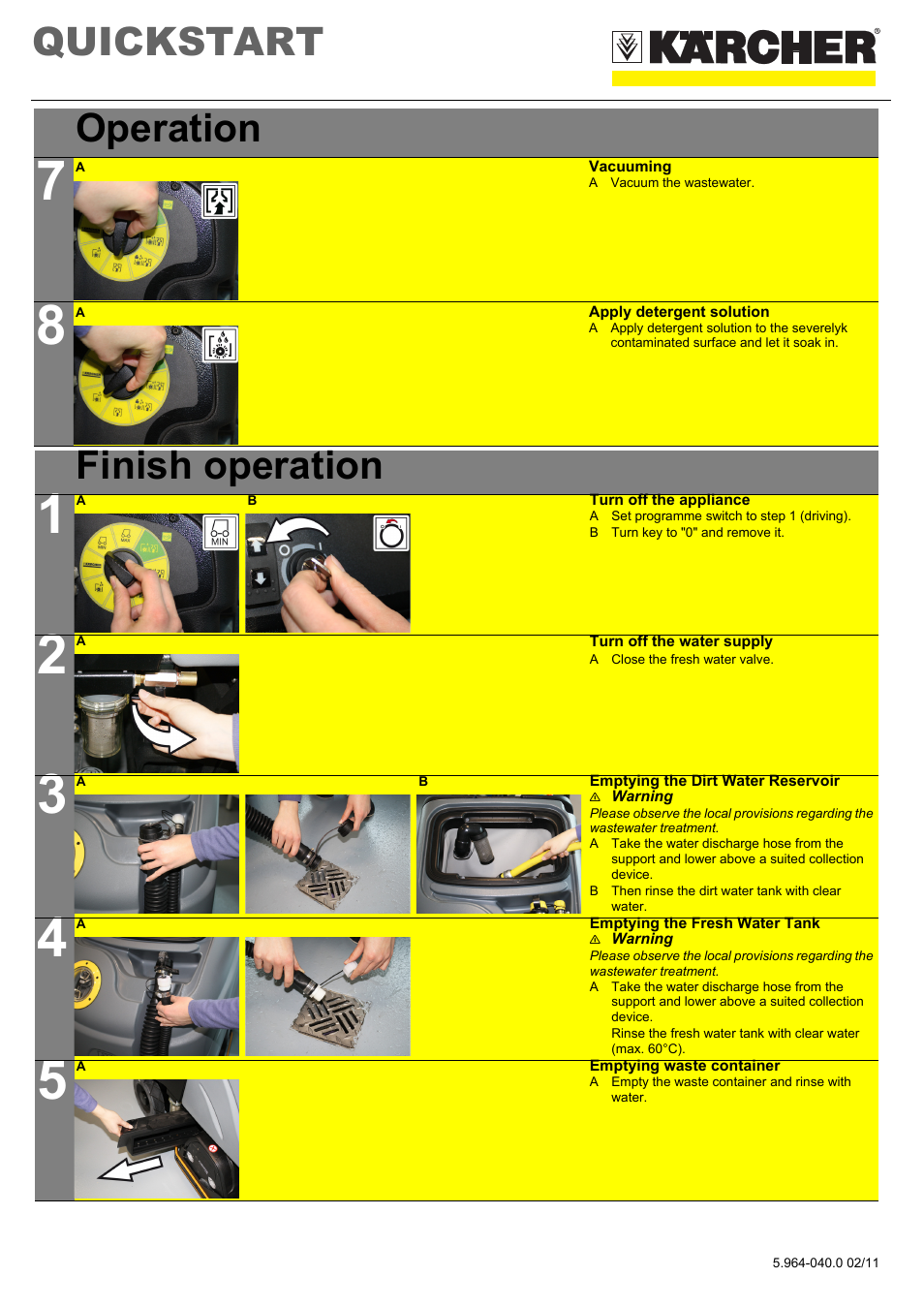 Tabellenreihe, Grafik, Vacuuming | A vacuum the wastewater, Apply detergent solution, Tabelle, Tabellenkopfzeile, Finish operation, Tabellenhaupttext, Turn off the appliance | Karcher B 95 RS Bp wet User Manual | Page 3 / 8
