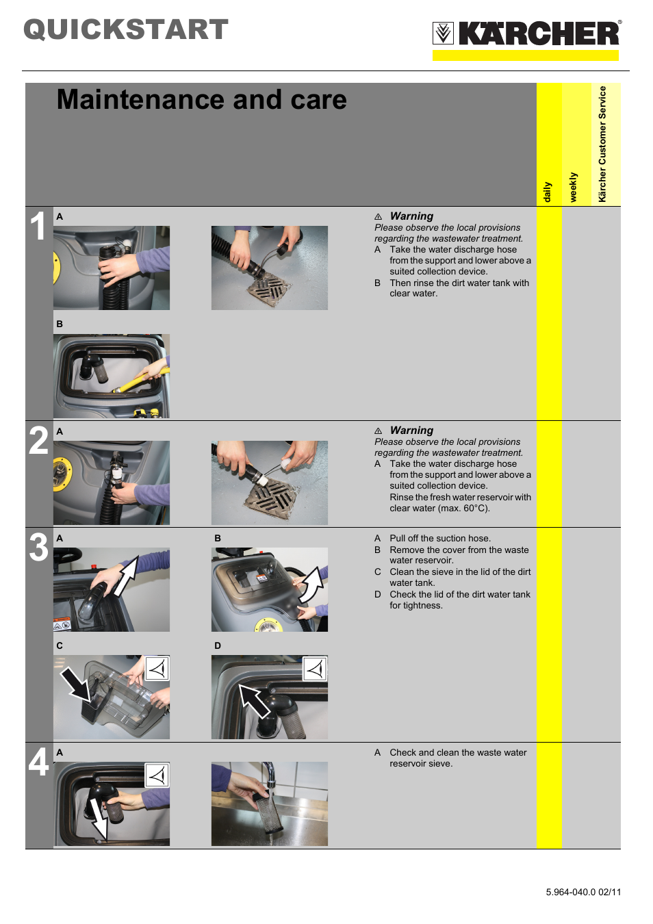 Tabelle, Tabellenkopfzeile, Tabellenreihe | Maintenance and care, Daily, Weekly, Kärcher customer service, Tabellenhaupttext, Grafik, N warning | Karcher B 95 RS Bp wet User Manual | Page 4 / 8