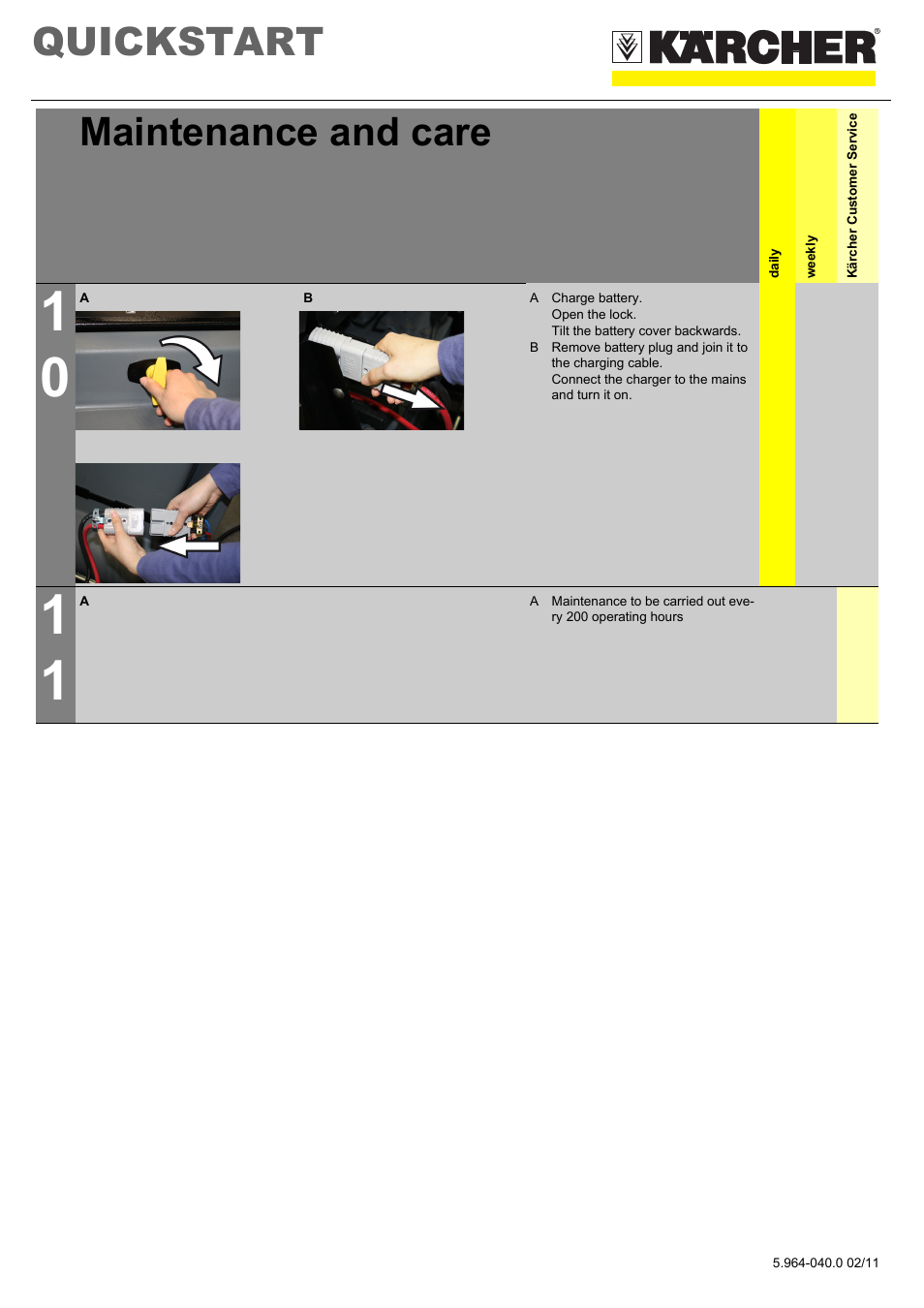 Tabellenreihe, Grafik, A charge battery | Open the lock, Tilt the battery cover backwards, Connect the charger to the mains and turn it on, Quickstart, Maintenance and care | Karcher B 95 RS Bp wet User Manual | Page 6 / 8