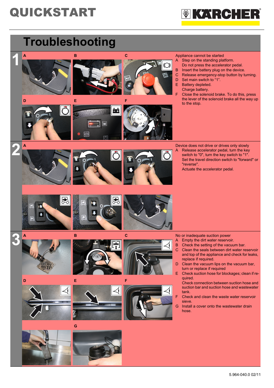 Tabelle, Tabellenkopfzeile, Tabellenreihe | Troubleshooting, Tabellenhaupttext, Grafik, Appliance cannot be started, A step on the standing platform, Do not press the accelerator pedal, B insert the battery plug on the device | Karcher B 95 RS Bp wet User Manual | Page 7 / 8