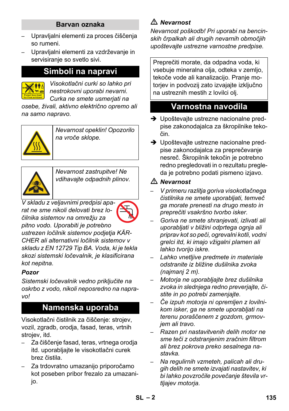 Simboli na napravi, Namenska uporaba, Varnostna navodila | Karcher HD 1050 B User Manual | Page 135 / 276