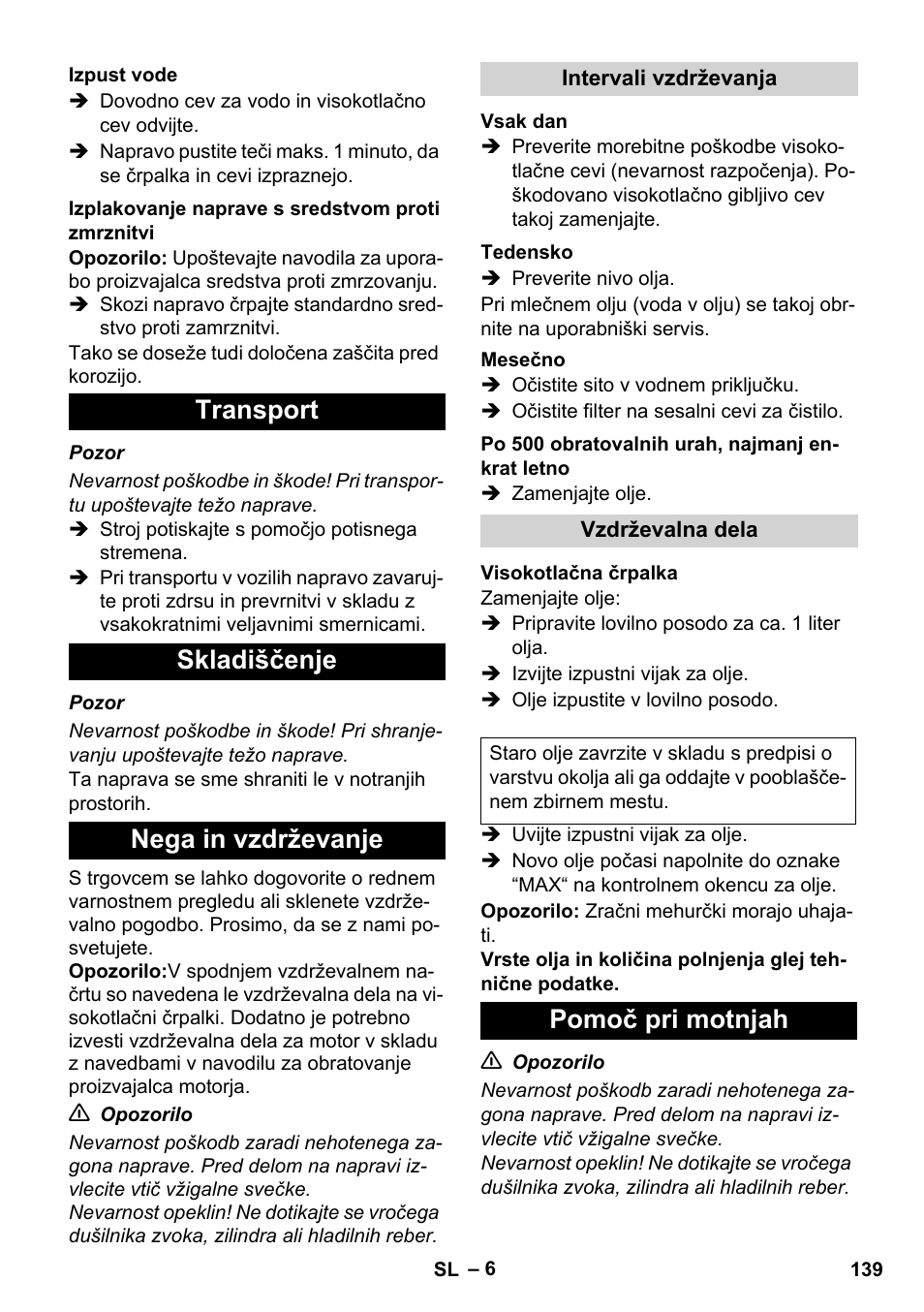 Transport skladiščenje nega in vzdrževanje, Pomoč pri motnjah | Karcher HD 1050 B User Manual | Page 139 / 276