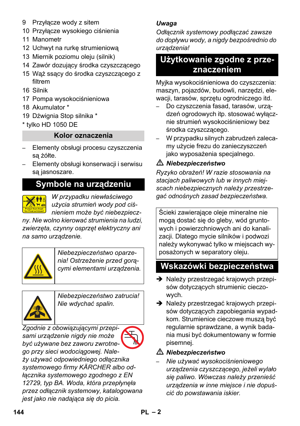 Symbole na urządzeniu, Użytkowanie zgodne z prze- znaczeniem, Wskazówki bezpieczeństwa | Karcher HD 1050 B User Manual | Page 144 / 276
