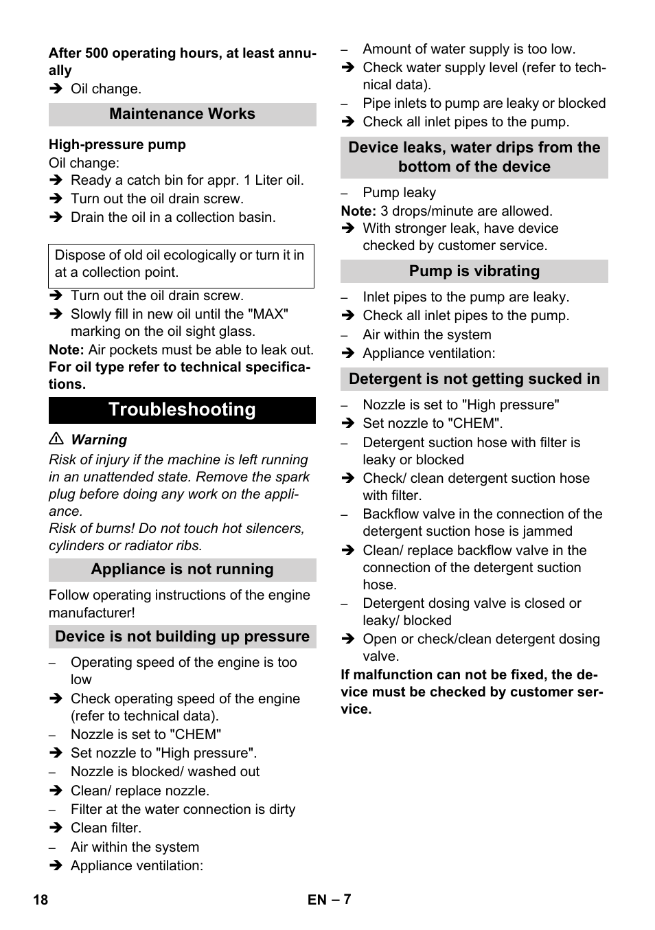 Troubleshooting | Karcher HD 1050 B User Manual | Page 18 / 276