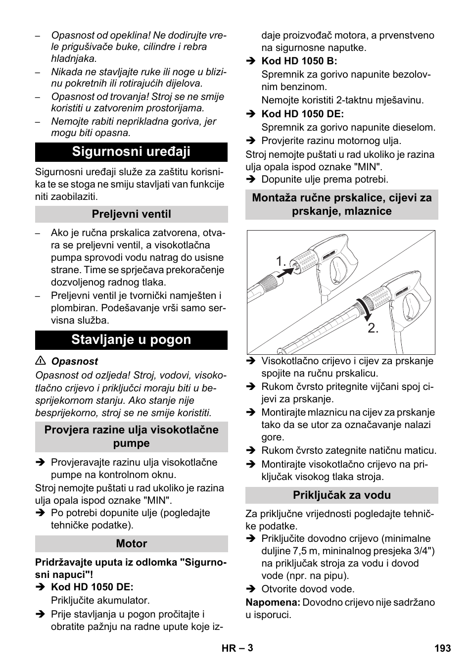 Sigurnosni uređaji, Stavljanje u pogon | Karcher HD 1050 B User Manual | Page 193 / 276