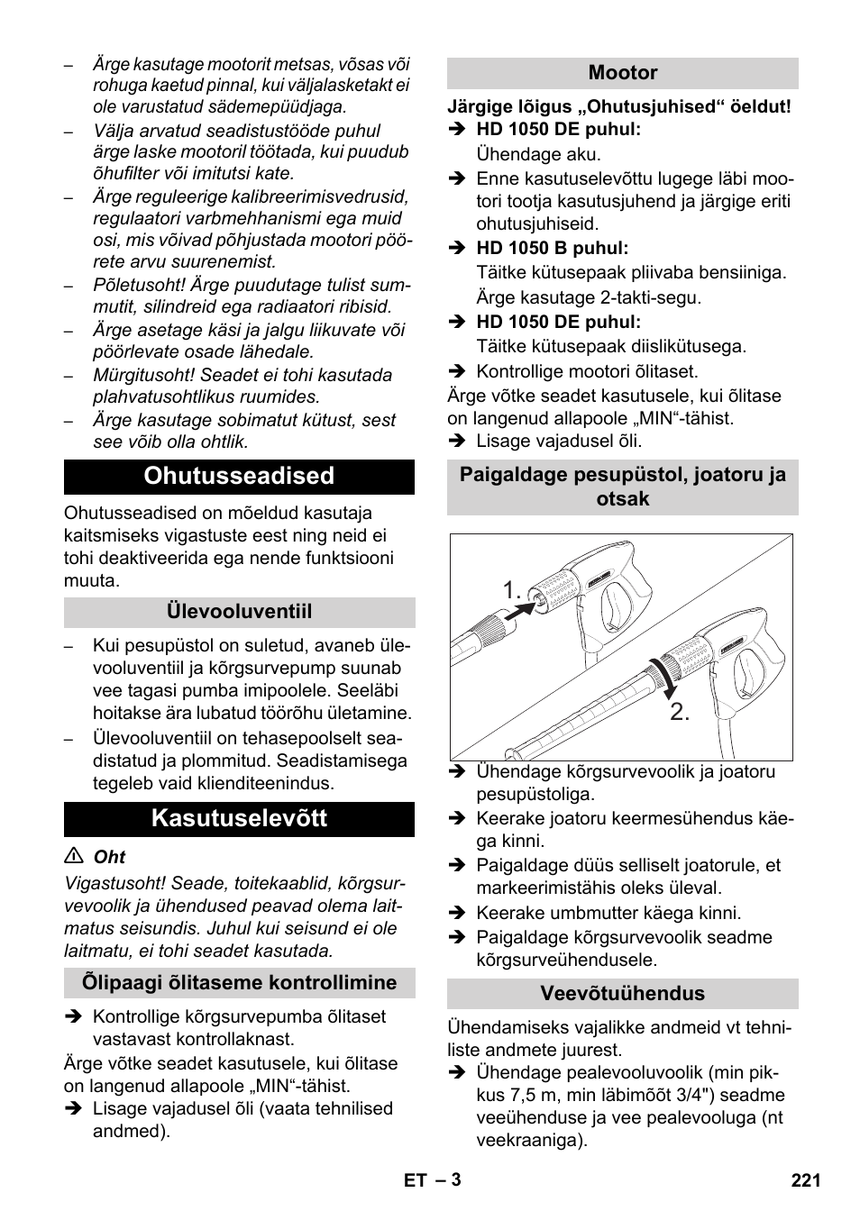 Ohutusseadised, Kasutuselevõtt | Karcher HD 1050 B User Manual | Page 221 / 276