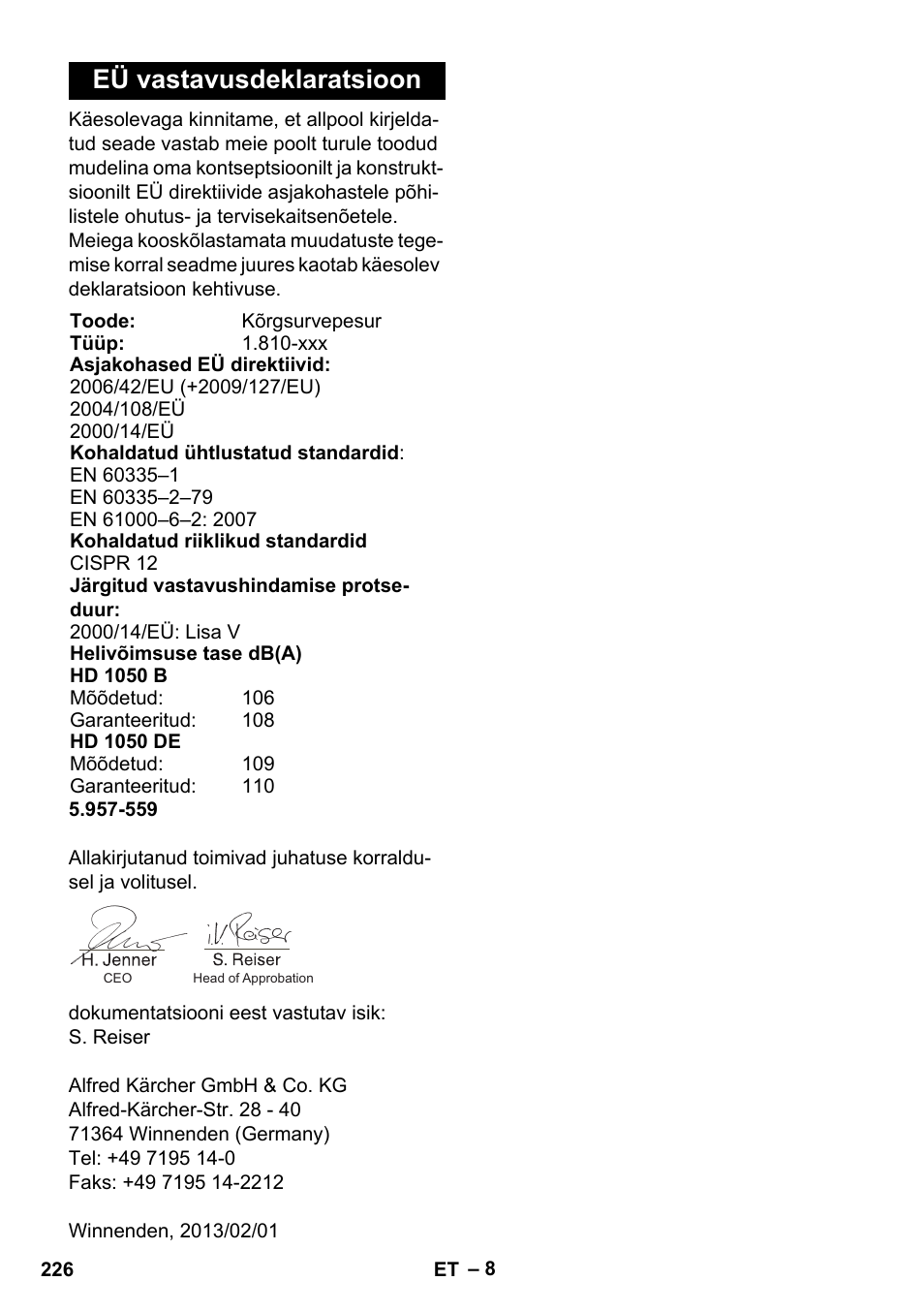 Eü vastavusdeklaratsioon | Karcher HD 1050 B User Manual | Page 226 / 276