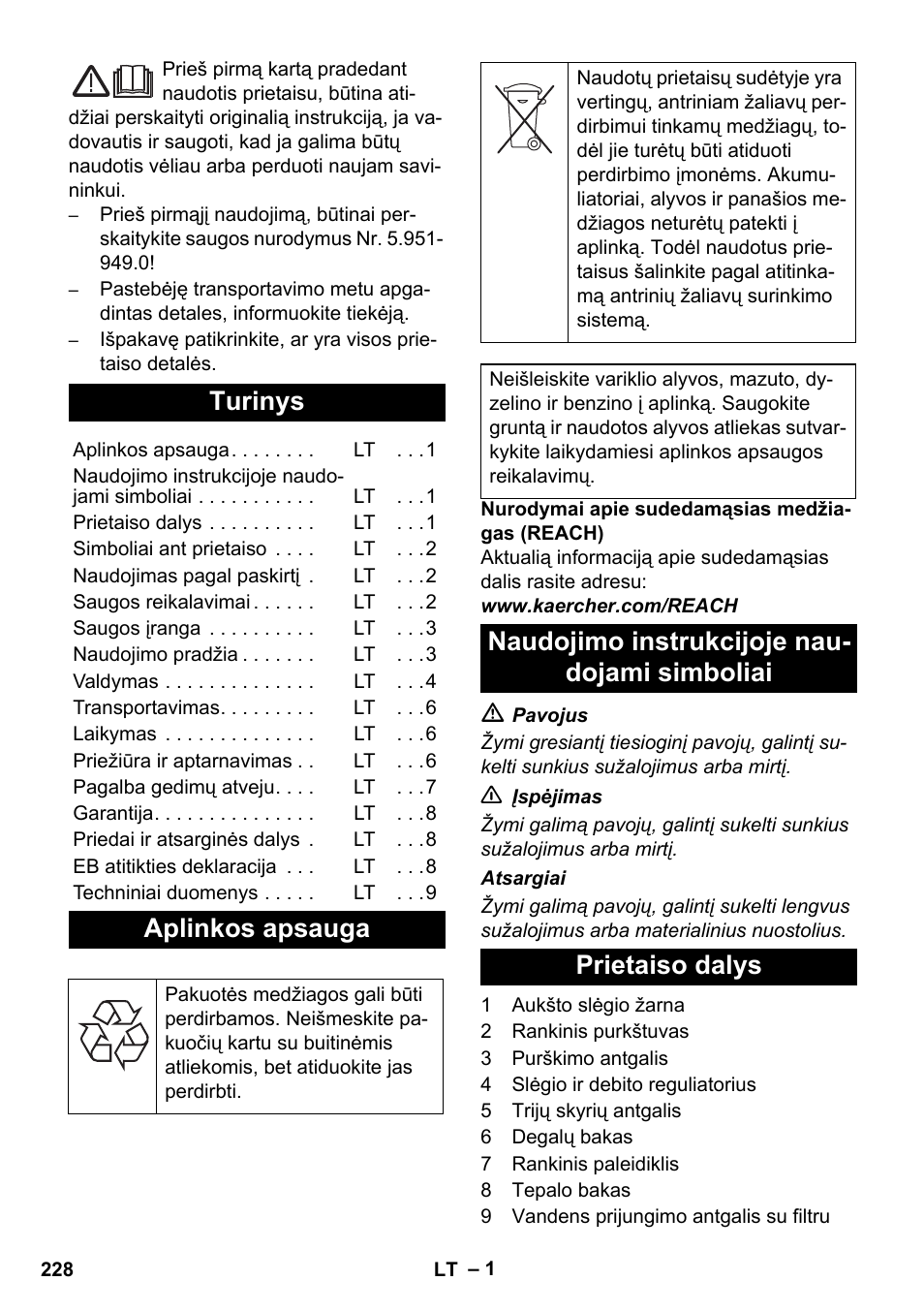 Lietuviškai, Turinys, Aplinkos apsauga | Karcher HD 1050 B User Manual | Page 228 / 276