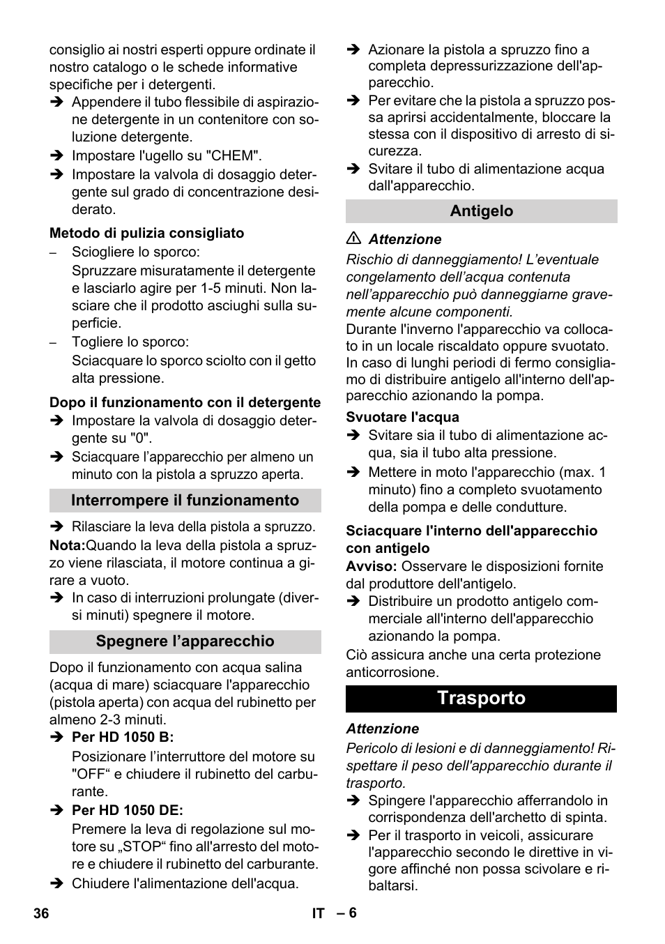 Trasporto | Karcher HD 1050 B User Manual | Page 36 / 276