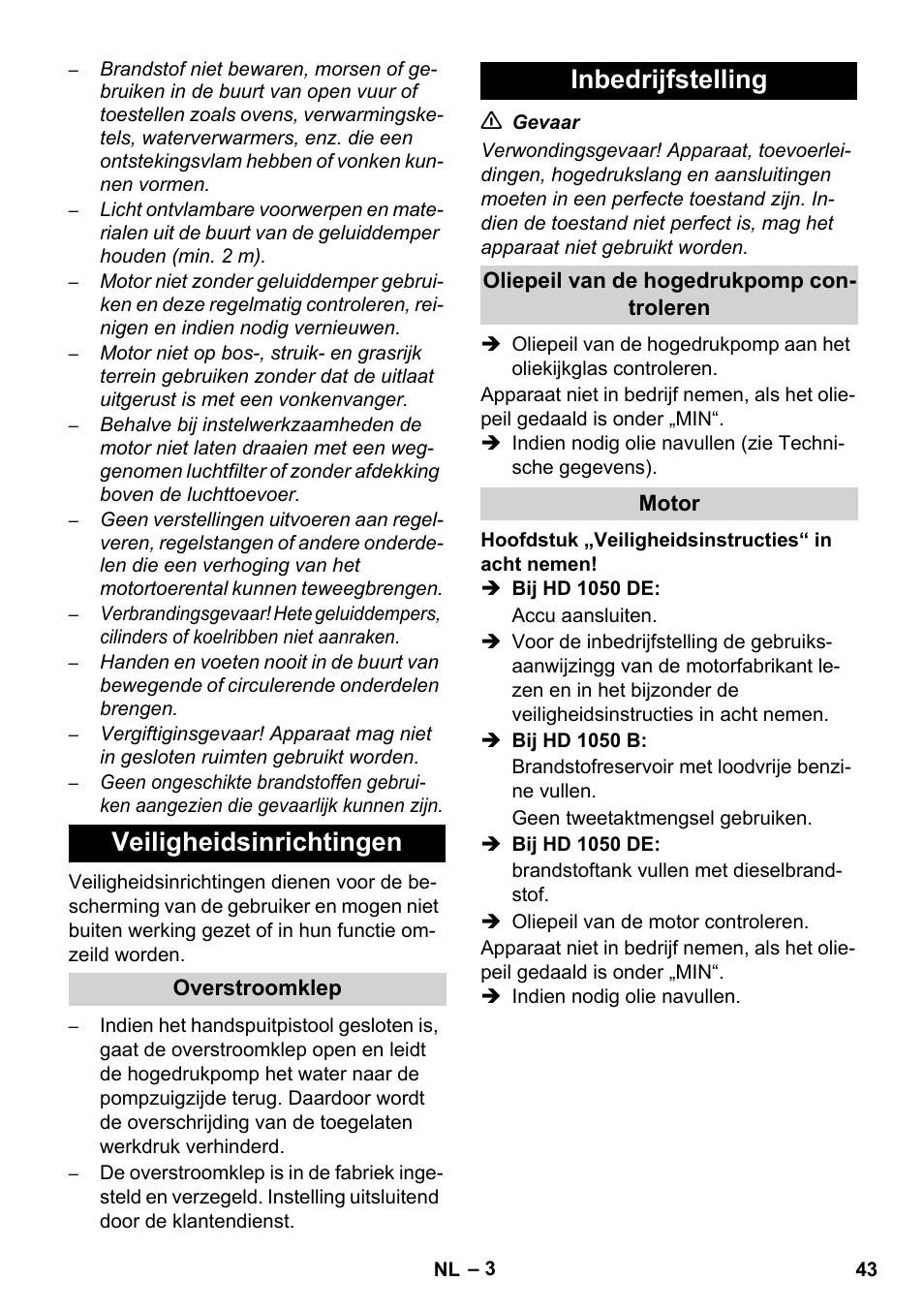 Veiligheidsinrichtingen, Inbedrijfstelling | Karcher HD 1050 B User Manual | Page 43 / 276