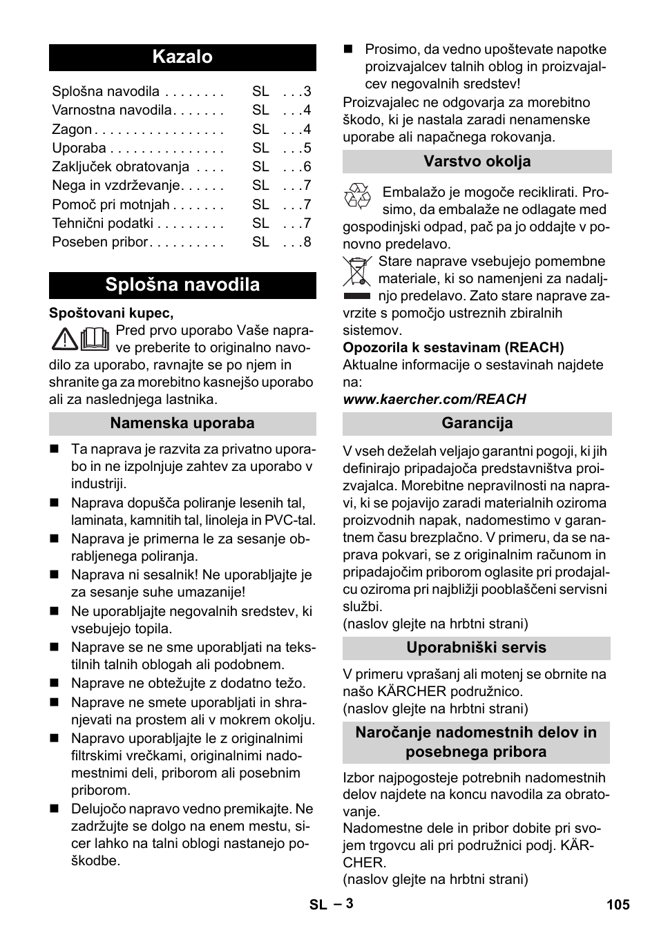 Slovenščina, Slovenšina, Kazalo | Splošna navodila | Karcher FP 303 User Manual | Page 105 / 188