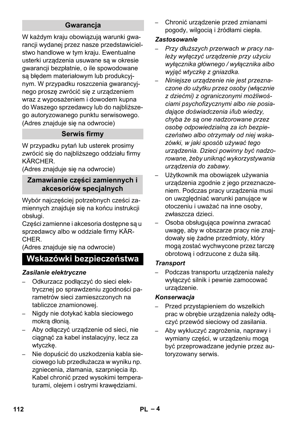 Wskazówki bezpieczeństwa | Karcher FP 303 User Manual | Page 112 / 188