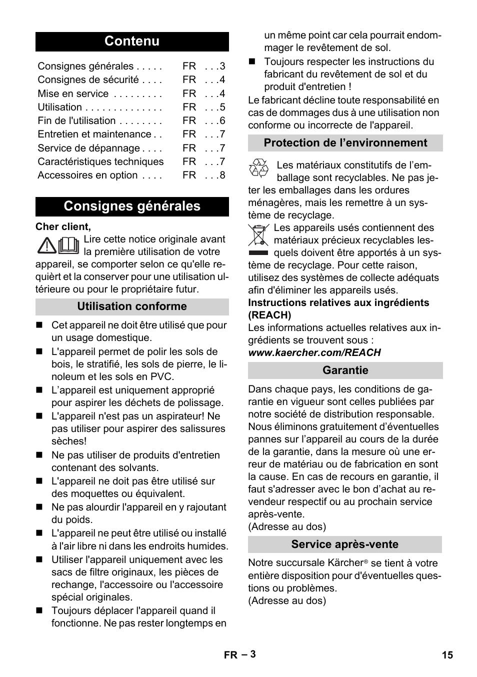 Français, Contenu, Consignes générales | Karcher FP 303 User Manual | Page 15 / 188