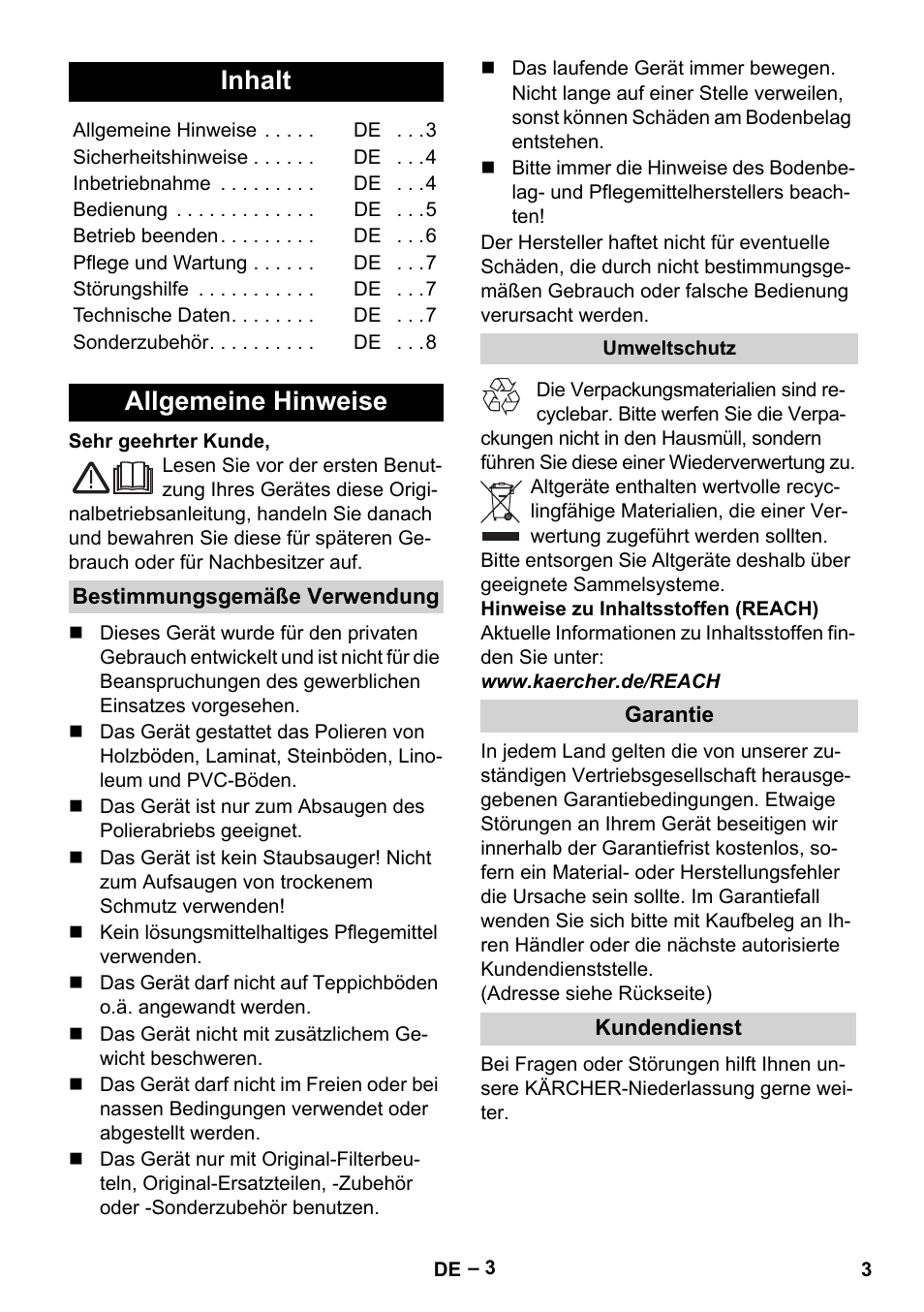 Deutsch, Inhalt, Allgemeine hinweise | Karcher FP 303 User Manual | Page 3 / 188
