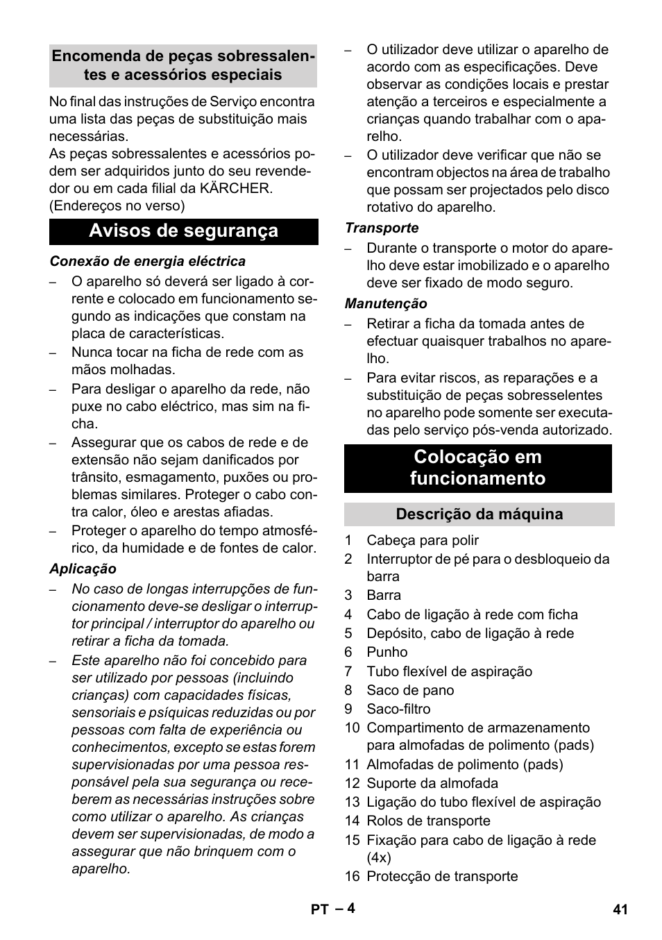 Avisos de segurança colocação em funcionamento | Karcher FP 303 User Manual | Page 41 / 188