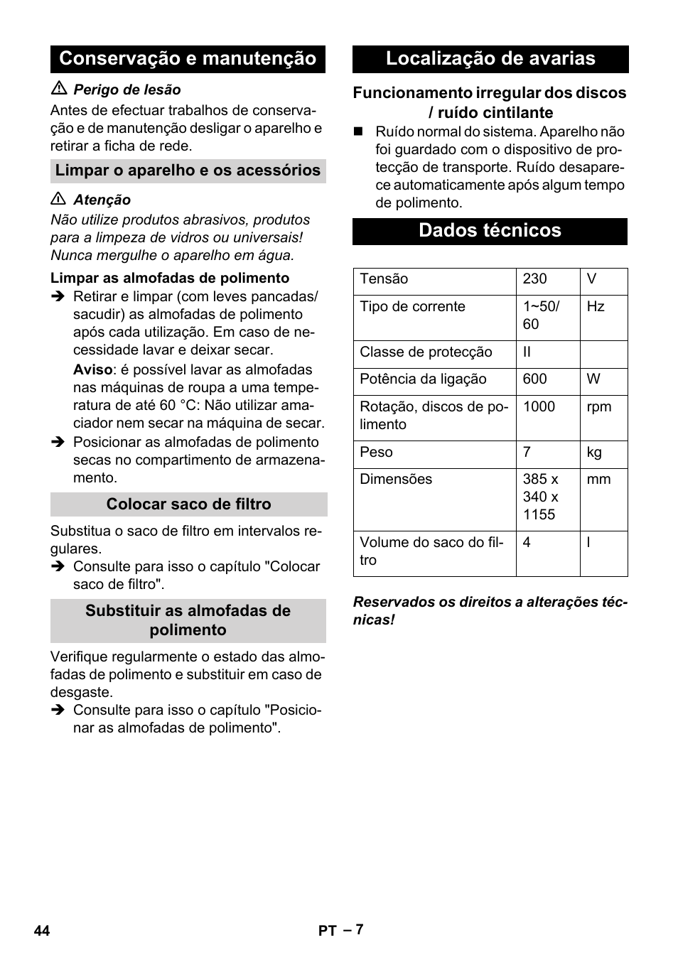 Conservação e manutenção, Localização de avarias, Dados técnicos | Karcher FP 303 User Manual | Page 44 / 188