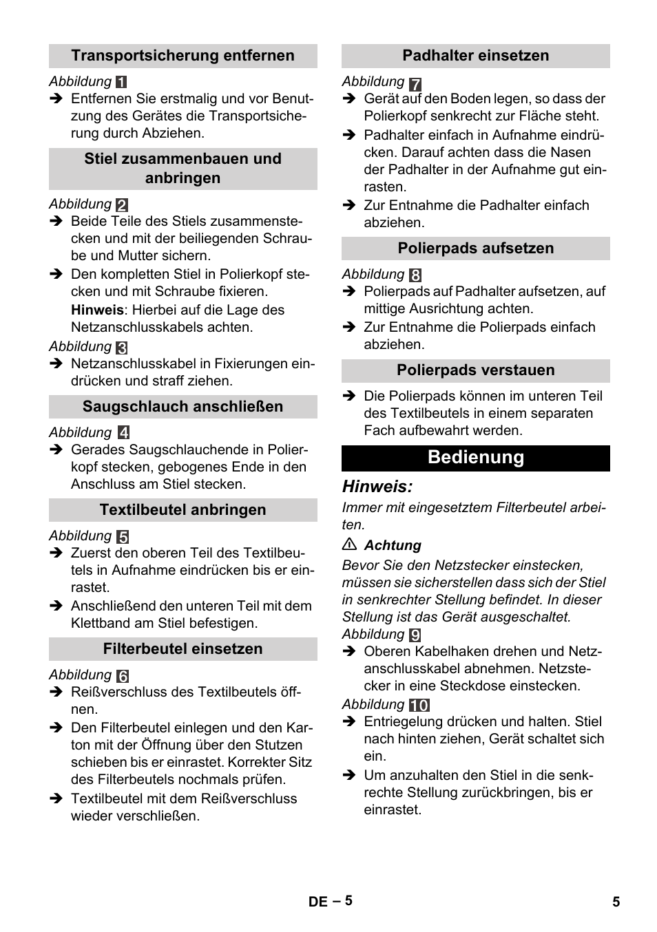 Bedienung | Karcher FP 303 User Manual | Page 5 / 188