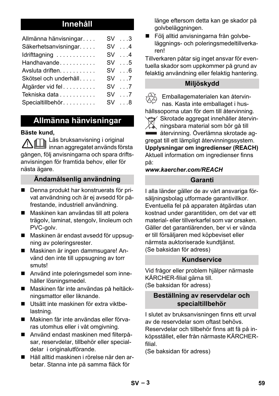 Svenska, Innehåll, Allmänna hänvisningar | Karcher FP 303 User Manual | Page 59 / 188