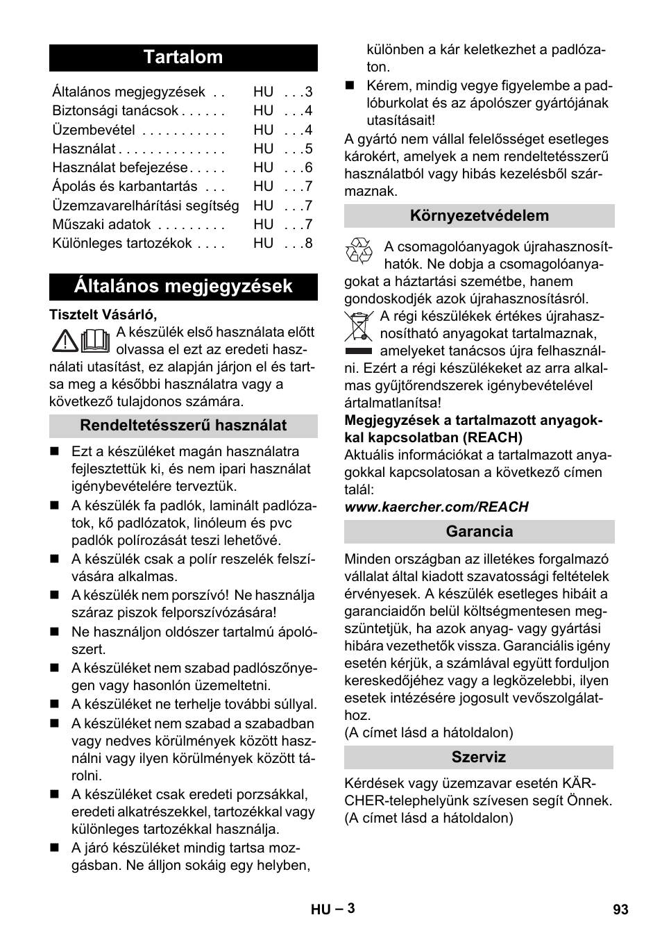 Magyar, Tartalom, Általános megjegyzések | Karcher FP 303 User Manual | Page 93 / 188