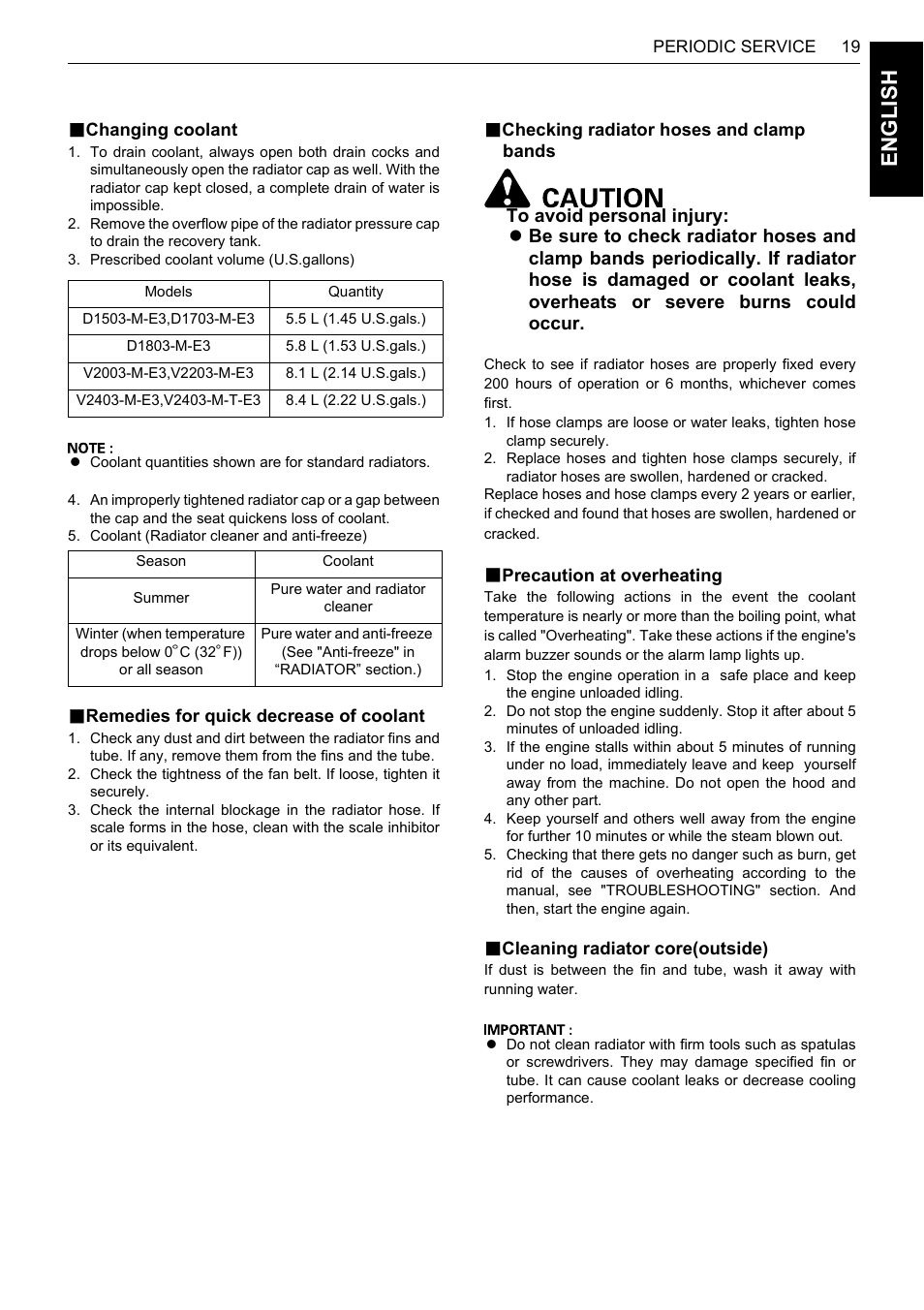 B changing coolant, B remedies for quick decrease of coolant, B checking radiator hoses and clamp bands | B precaution at overheating, B cleaning radiator core(outside), En glish | Karcher HDS 13-80 De Tr1 User Manual | Page 35 / 244