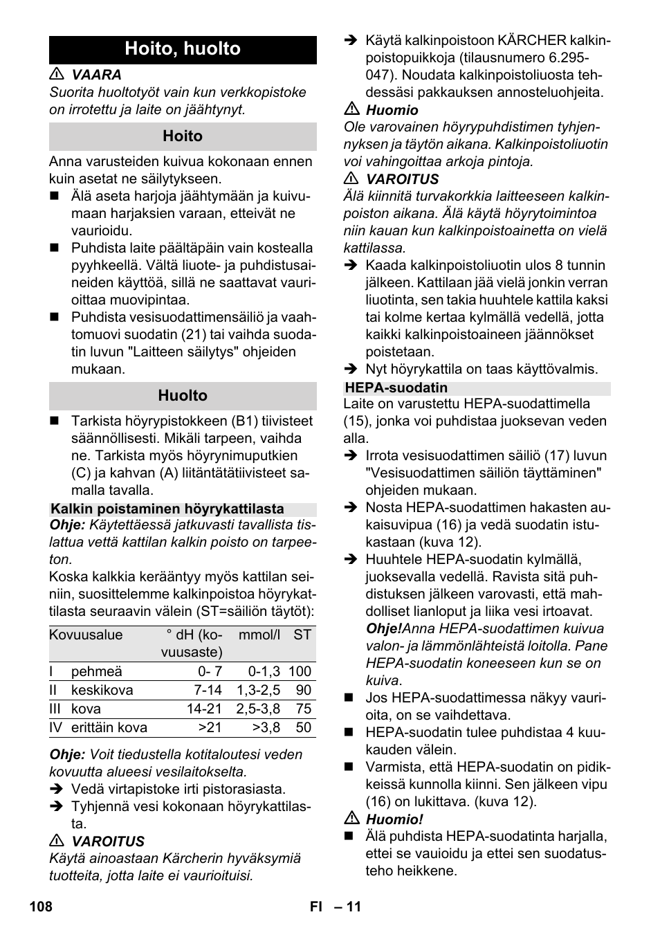 Hoito, huolto | Karcher SV 1802 User Manual | Page 108 / 284