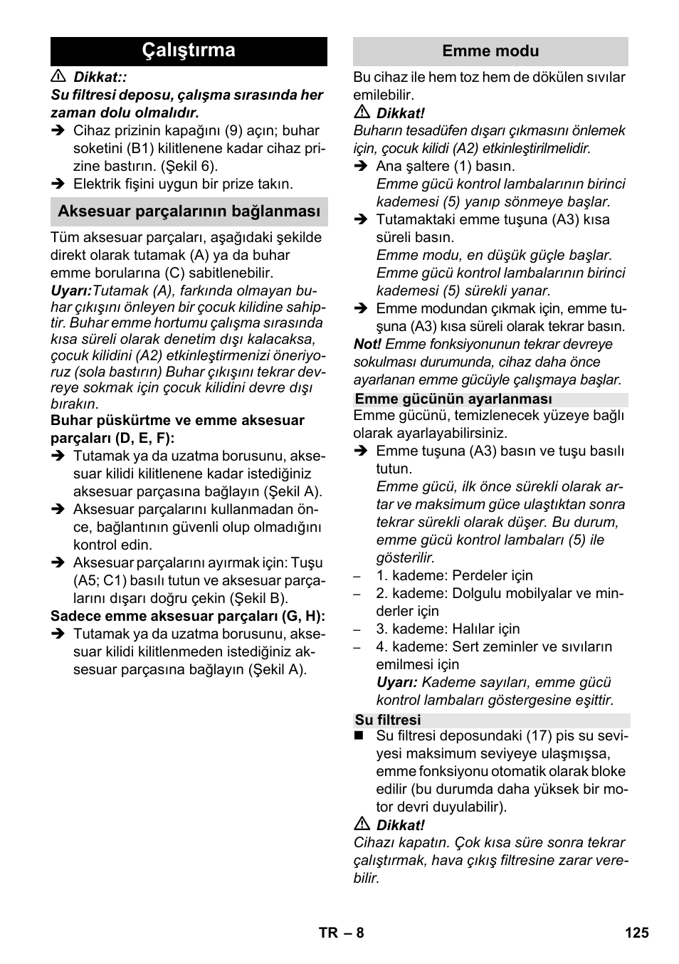 Çalıştırma | Karcher SV 1802 User Manual | Page 125 / 284