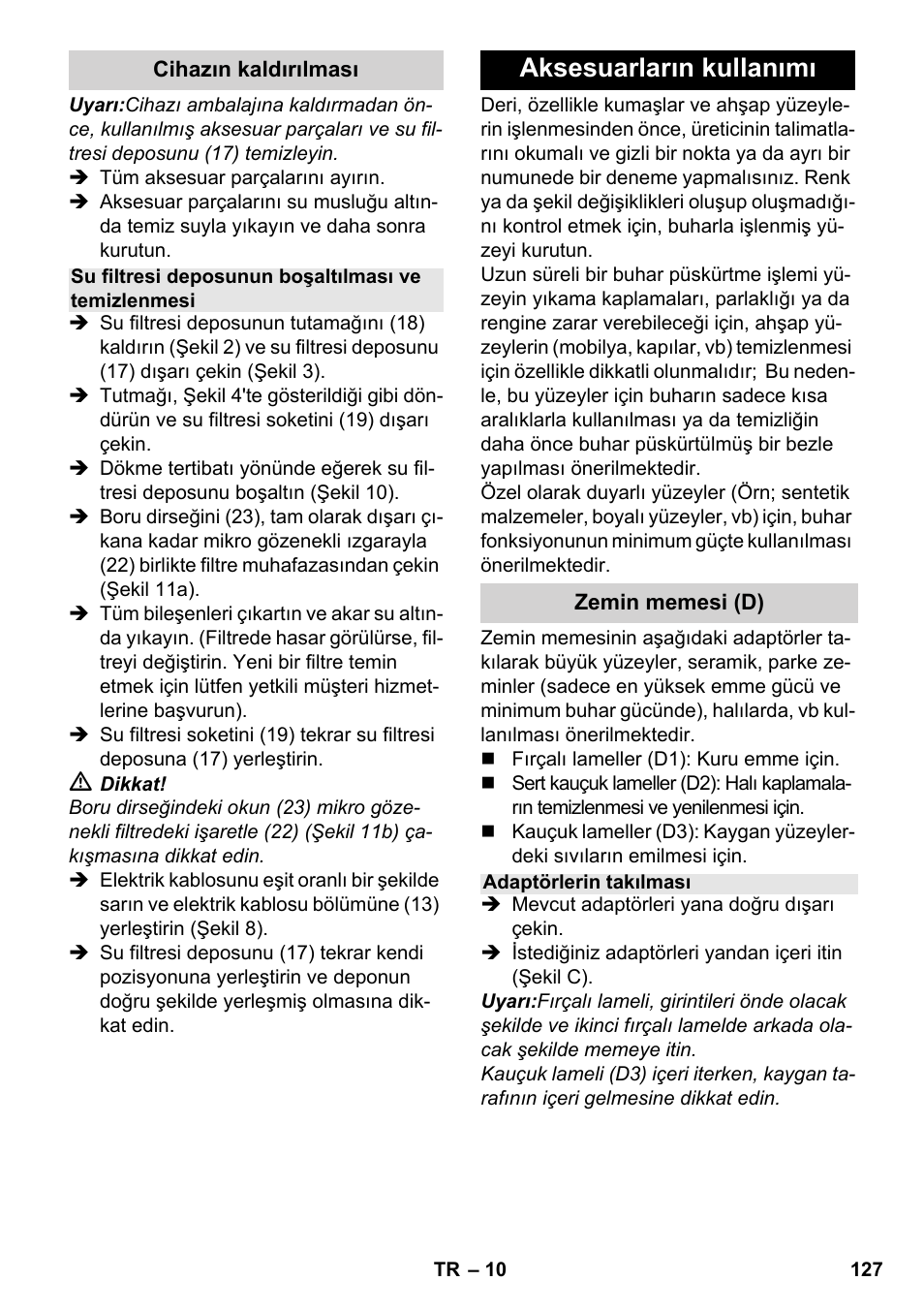 Aksesuarların kullanımı | Karcher SV 1802 User Manual | Page 127 / 284