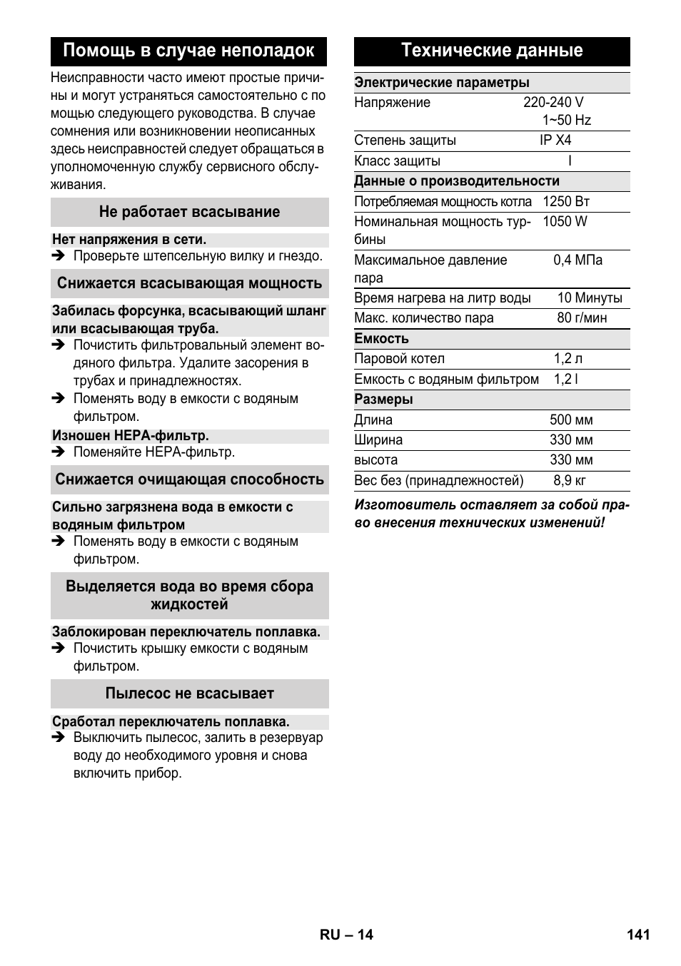 Помощь в случае неполадок, Технические данные | Karcher SV 1802 User Manual | Page 141 / 284