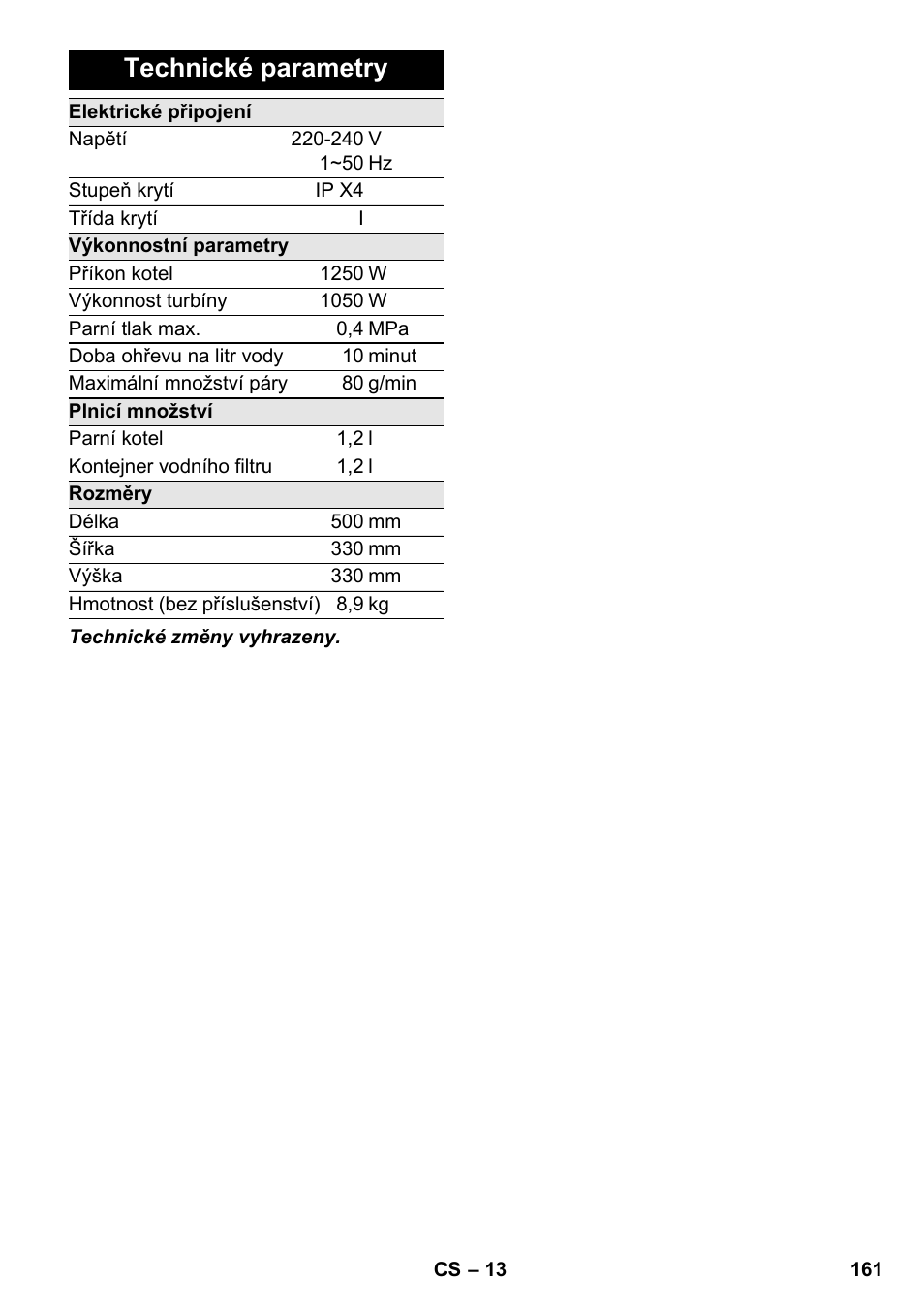 Technické parametry | Karcher SV 1802 User Manual | Page 161 / 284