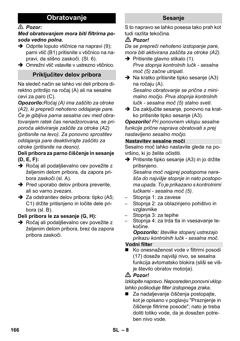 Obratovanje | Karcher SV 1802 User Manual | Page 166 / 284