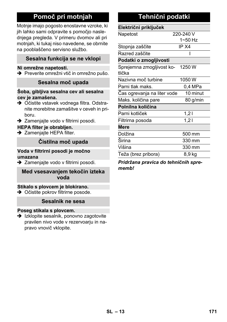 Pomoč pri motnjah, Tehnični podatki | Karcher SV 1802 User Manual | Page 171 / 284