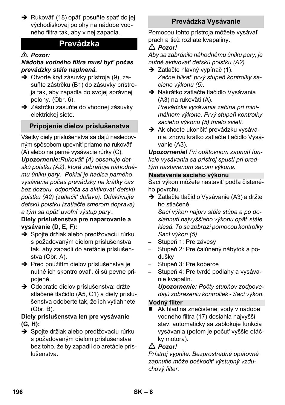 Prevádzka | Karcher SV 1802 User Manual | Page 196 / 284