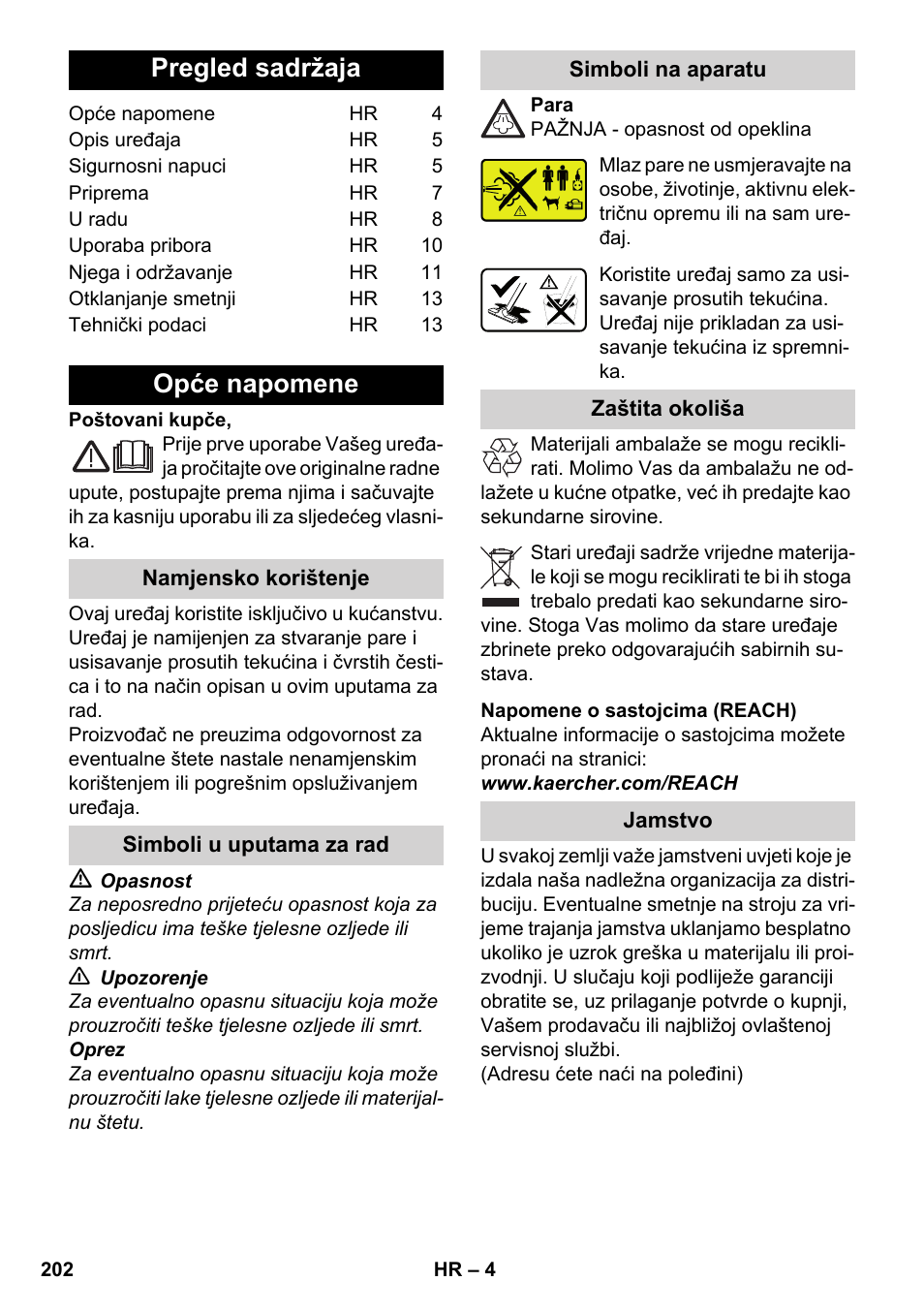 Hrvatski, Pregled sadržaja, Opće napomene | Karcher SV 1802 User Manual | Page 202 / 284