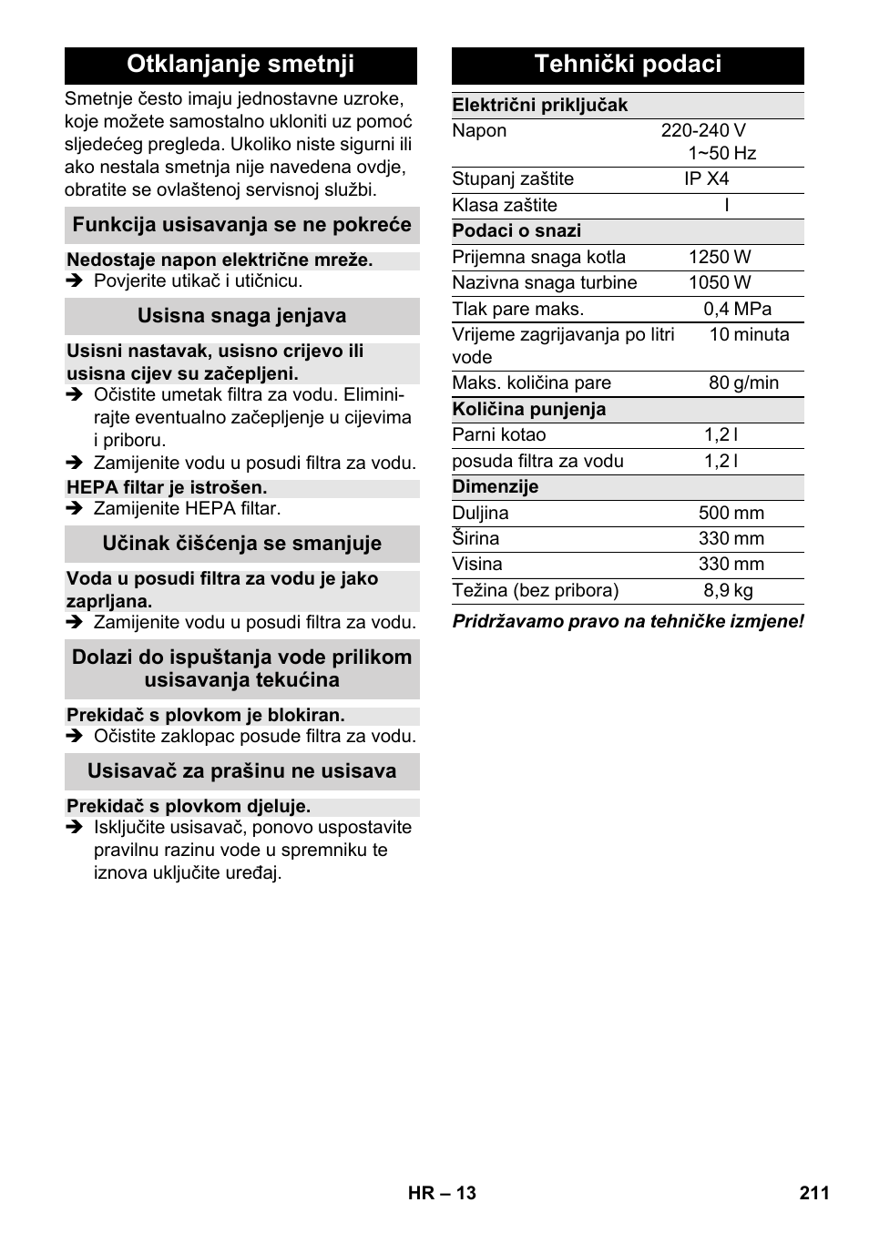 Otklanjanje smetnji, Tehnički podaci | Karcher SV 1802 User Manual | Page 211 / 284