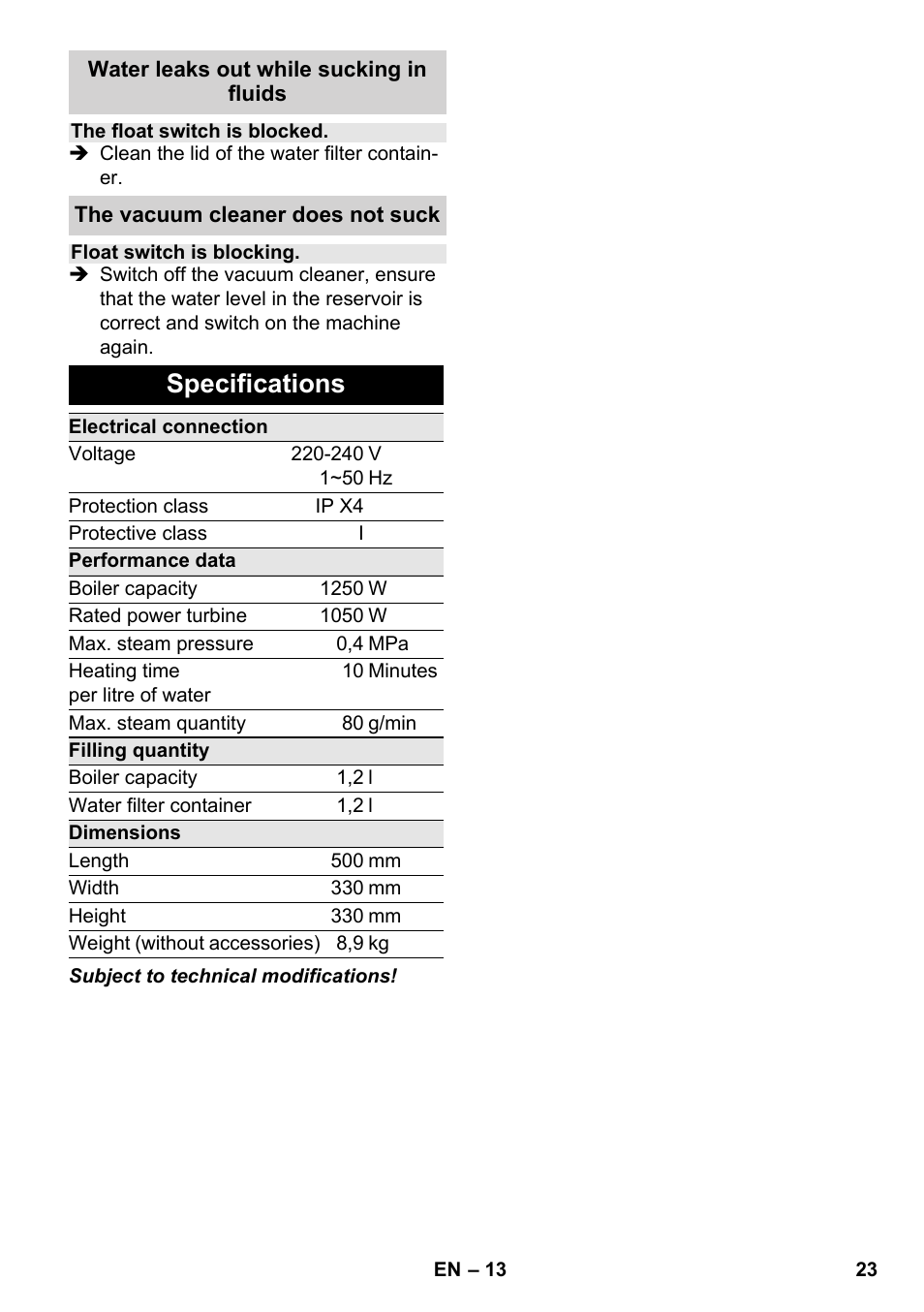 Specifications | Karcher SV 1802 User Manual | Page 23 / 284