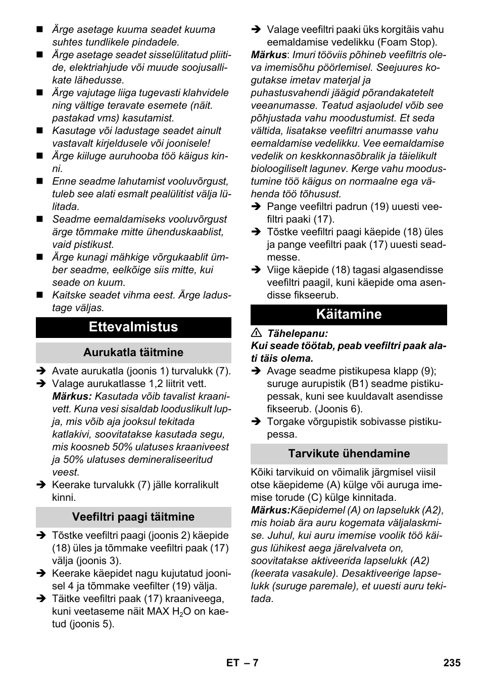 Ettevalmistus, Käitamine | Karcher SV 1802 User Manual | Page 235 / 284