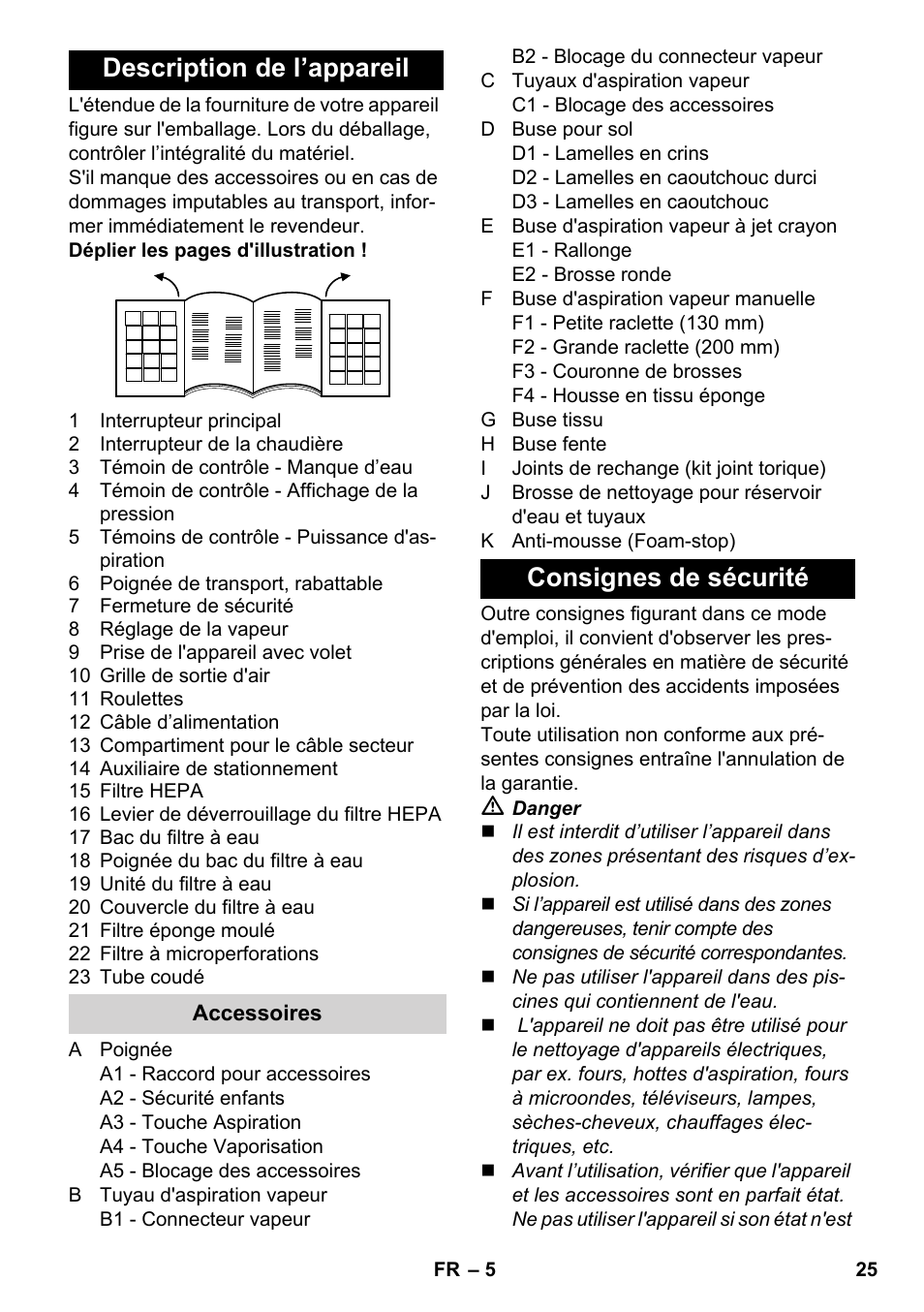 Description de l’appareil, Consignes de sécurité | Karcher SV 1802 User Manual | Page 25 / 284