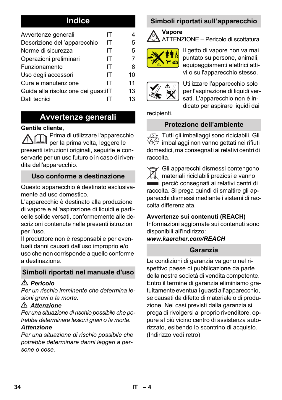 Italiano, Indice, Avvertenze generali | Karcher SV 1802 User Manual | Page 34 / 284