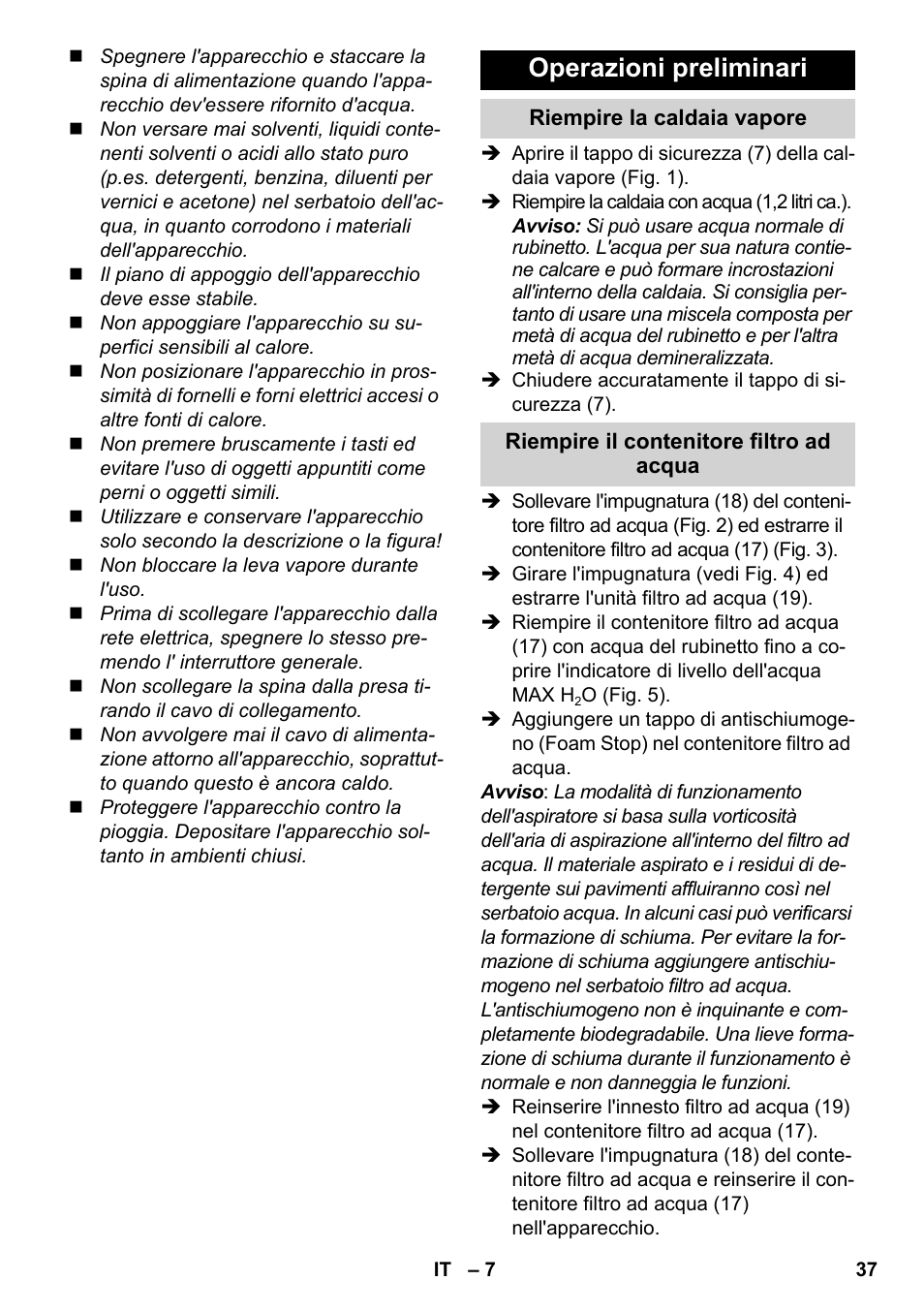 Operazioni preliminari | Karcher SV 1802 User Manual | Page 37 / 284