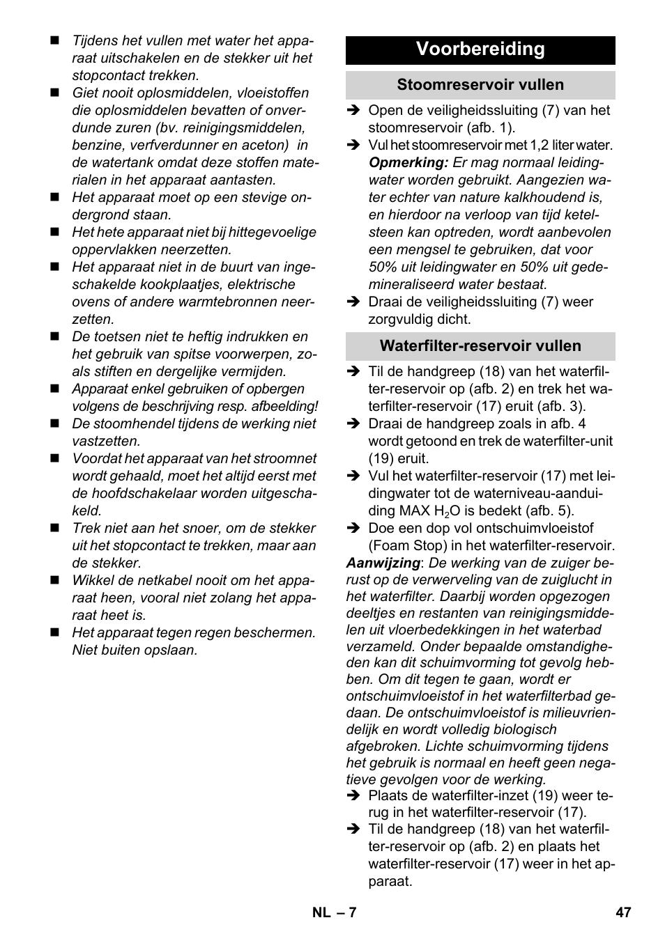 Voorbereiding | Karcher SV 1802 User Manual | Page 47 / 284