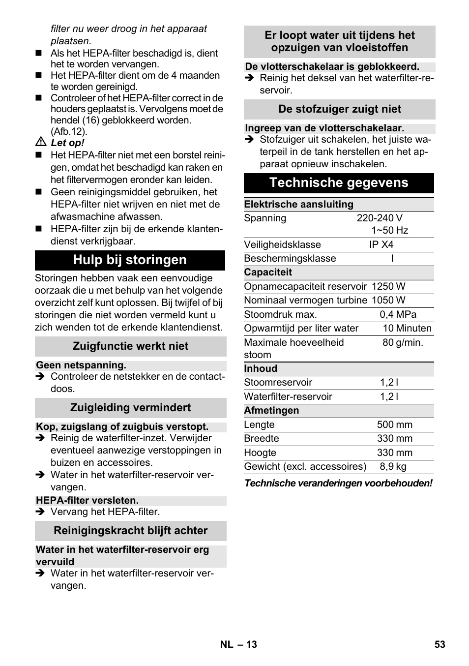 Hulp bij storingen, Technische gegevens | Karcher SV 1802 User Manual | Page 53 / 284